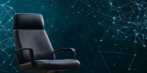 Poster - Cyber governance. Chair positioned against a futuristic network background.