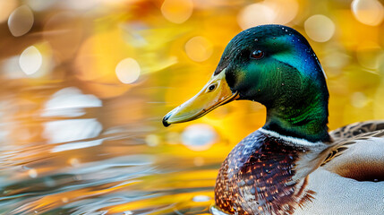 wild duck pond close-up of a beautiful mallard male duck.
