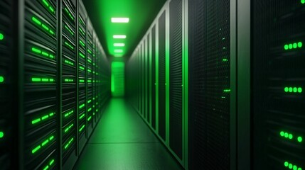 Poster - Cyber governance. Data center corridor illuminated by green lights and servers.