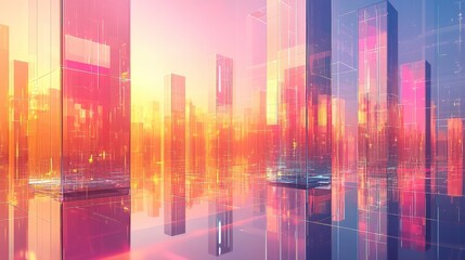 Geometric cityscape with rectangular glass towers, reflective ground, gradient light background, futuristic urban design 