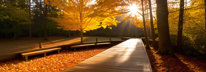 Wall Mural - Warm sunlight filters through autumn trees onto a wooden walkway, casting a peaceful glow on fallen leaves beneath.