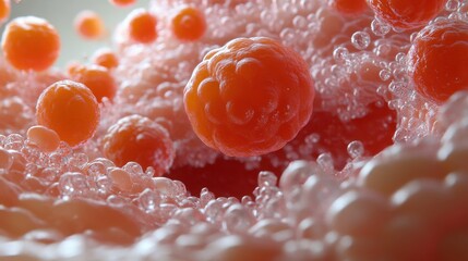 Poster - Close-Up of Vibrant Orange Spheres and Bubbles in Abstract Microbial Environment Representing Cellular Structures and Biological Interactions in Science