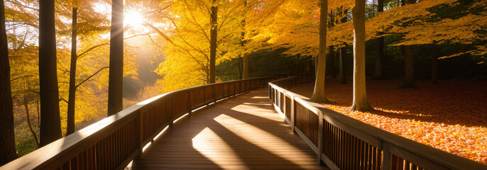 Wall Mural - Warm sunlight filters through autumn trees onto a wooden walkway, casting a peaceful glow on fallen leaves beneath.