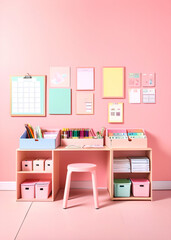 Poster - Walk into a prepared classroom with a visually appealing display of stationery and educational materials on a pastel pink background.