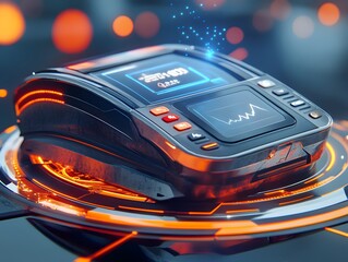 Poster - A futuristic payment device with a sleek design and glowing elements, showcasing data visualization.