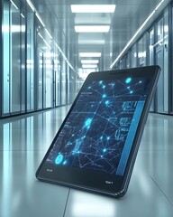 Fototapete - A futuristic tablet displaying a digital network in a modern corridor.