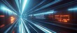 © Mega - Futuristic transportation system with glowing digital displays speeding through a dark tunnel.