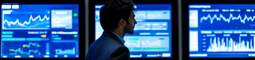 Poster - A man observes financial data on multiple screens in a professional setting.