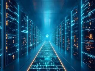 Poster - A futuristic data center illuminated with blue and orange lights, showcasing server racks.