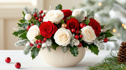 beautiful winter floral arrangement featuring red and white roses, holly leaves, and festive berries, perfect for holiday decor and celebrations