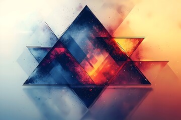 Poster - An abstract composition featuring overlapping geometric triangles in rich blues, fiery oranges, and soft gradients, creating a sense of depth and dynamic movement.