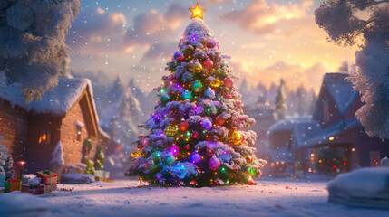 Poster - Christmas tree covered in colorful baubles and lights, set against a snow-dusted, vibrant winter scene