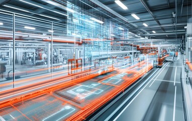 Poster - A futuristic industrial setting with digital overlays and automated processes.