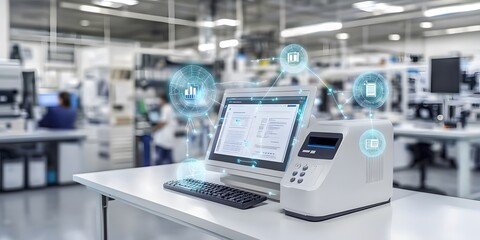 Poster - A laboratory workstation featuring a computer and a device for scientific analysis.