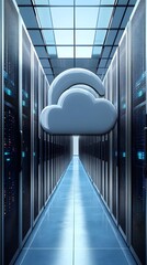 Poster - A futuristic data center hallway with a cloud symbol, representing cloud computing.
