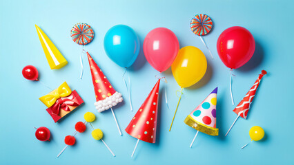 Poster - Vibrant flat lay image showcases colorful party props and decorations against a light blue background, awaiting text and context.