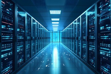Poster - A futuristic server room filled with data storage units and glowing lights.