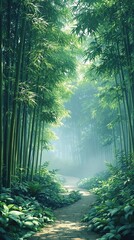 Wall Mural - Bamboo forest landscape in shades of green and blue, bamboo, green, serene, blue, watercolor