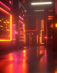 Poster - A futuristic data center with glowing neon lights and sleek server racks.