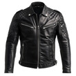 © Topuria Design - Stylish black leather biker jacket designed for rugged fashion appeal, isolated on a white background. Quilted black leather biker jacket with multiple zippers, PNG file.