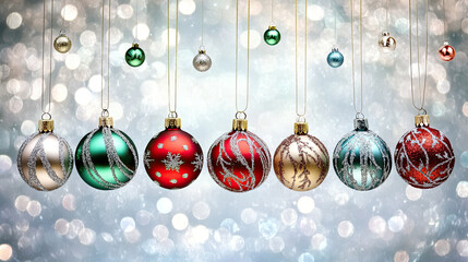 Poster - Festive Christmas ornaments in red, green, and gold hanging against a sparkling background with holiday lights and bokeh effects