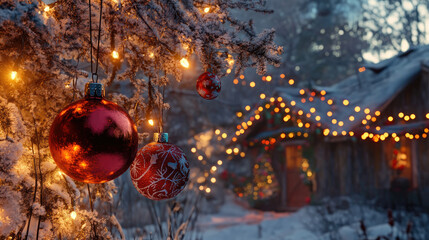 Poster - Holiday scene with colorful Christmas ornaments hanging from a snowy tree, glowing under winter lights