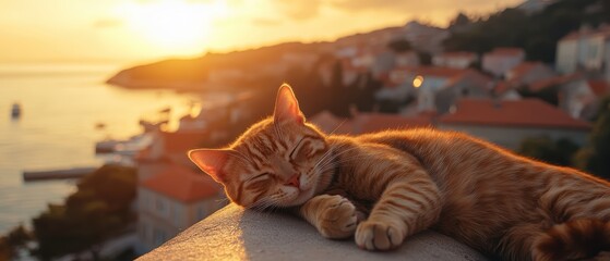 Orange cat napping on terracotta roof at sunset coastal town photography tranquil scenic relaxation