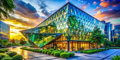 Poster - Stunning Modern Architectural Photography of a Futuristic Building with Glass Facade and Unique Geometric Shapes Surrounded by Lush Greenery in Urban Setting