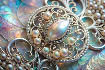 Poster - Stunning Mother of Pearl Inlay Illustration with Abstract Silver Filigree Shapes, Perfect for Elegant Backgrounds, Textures, and Art Designs
