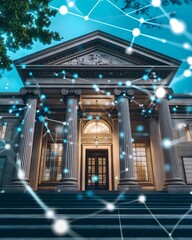 Poster - A grand building with columns, enhanced by a digital network overlay.