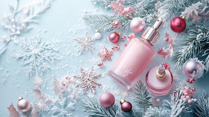 Wall Mural - A creative beauty product Christmas banner designed with elegant imagery and winter motifs, perfect for holiday promotions in stores.