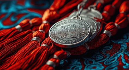 Chinese traditional bronze coins with tassels. The concept symbolizes auspiciousness and prosperity during Chinese New Year celebrations