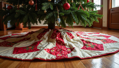 Wall Mural - Christmas tree skirt, festive mood, decorated with patterns, under a beautifully adorned tree