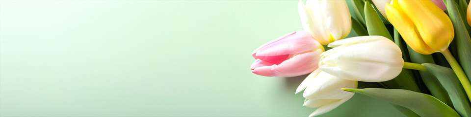 Poster - Vertical photo of a bouquet of spring flowers featuring pink yellow and white tulips against a light green background in an empty space.