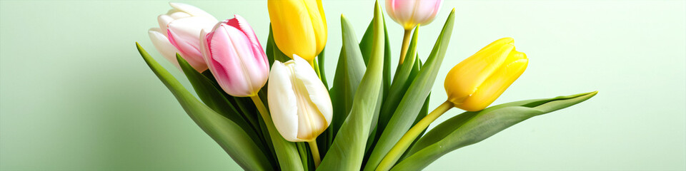 Poster - Vertical photo of a bouquet of spring flowers featuring pink yellow and white tulips against a light green background in an empty space.