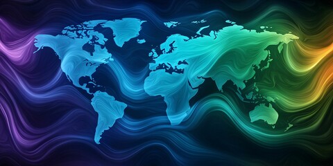 Poster - Global trade negotiations. Colorful abstract world map with flowing waves and gradients.