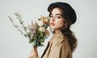 © jambulart - Woman, beret, flowers, coat, elegant.