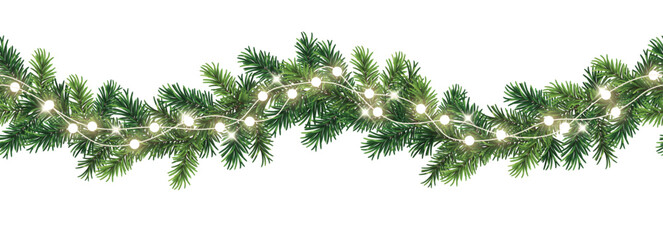 Wall Mural - seamless vector decorative christmas border with lights garland and coniferous branches isolated on 