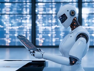 Fototapete - A humanoid robot analyzing data on a digital tablet in a futuristic setting.