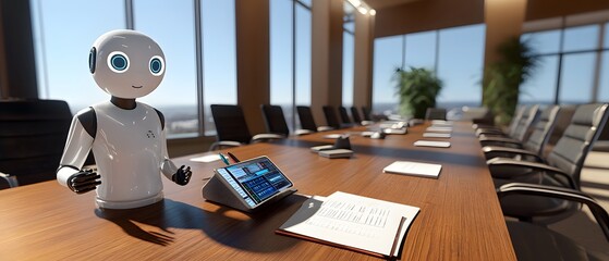 Poster - A humanoid robot in a modern conference room with a tablet and documents on a table.