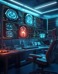 Poster - A high-tech medical workspace displaying brain scans and data analysis.