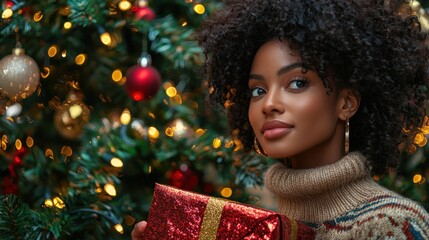 Wall Mural - Festive Joy: A stunning woman in a cozy sweater, cradling a large gift while standing beside a beautifully decorated Christmas tree, with twinkling lights reflecting in her eyes.