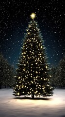 Wall Mural - A beautifully lit Christmas tree stands tall in a snowy field at night, casting a warm glow. Surrounding it are majestic evergreen trees under a starlit sky creating a festive atmosphere.