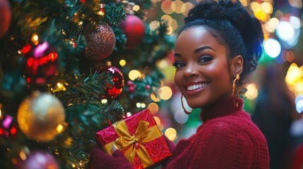 Wall Mural - Joyful Unwrapping: A beautiful woman in a fashionable holiday outfit, playfully holding a present as she stands beside a vibrant Christmas tree filled with ornaments and lights.