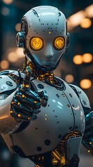 Poster - A futuristic robot with glowing eyes gives a thumbs-up in a modern industrial setting.