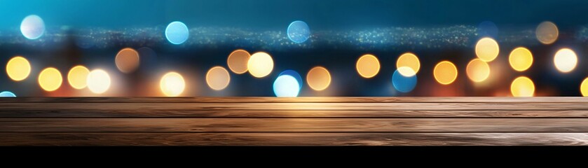 Poster - Wooden table with blurred colorful lights in the background.