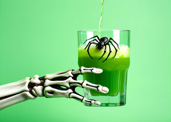 Poster - Skeleton hands hold a glass with green swamp punch and a floating spider on a light green background with copyspace.
