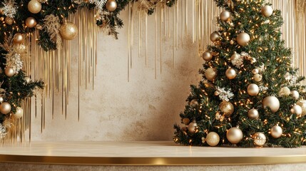 Wall Mural - Sophisticated Stage Design: A minimalist mockup showcasing an empty podium next to an elegantly decorated Christmas tree, highlighted with shimmering gold tinsel and chic ornaments.