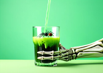 Poster - Skeleton hands hold a glass with green swamp punch and a floating spider on a light green background with copyspace.