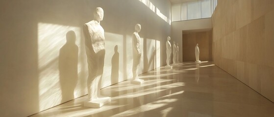 Poster - Peaceful and Serene Gallery Setting with Sculptural Forms Dissolving into Soft Surreal Shadows Casting a Contemplative Atmosphere